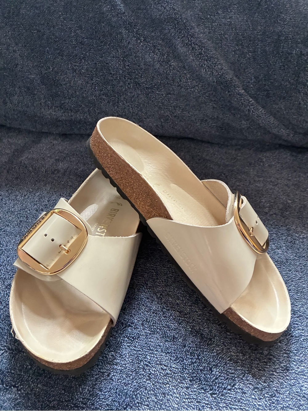 Birkenstock Madrid yWomen's Cream Slide Sandals with Gold Big Buckle size 8.5